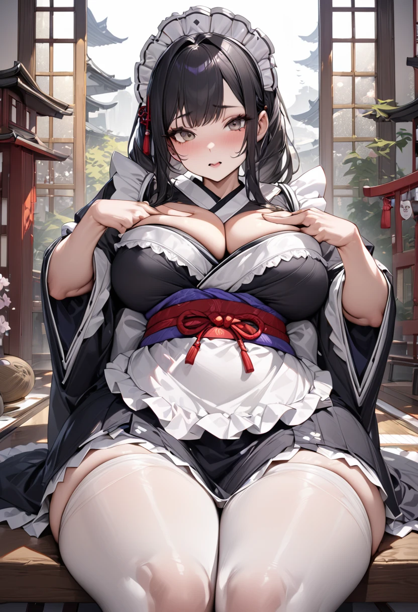 Young beautiful woman,(Highest quality,Extremely detailed depiction,Incredibly absurd high resolution,Anatomically accurate depiction,)(Japanese style maid),A gorgeously patterned kimono,Maid clothes,Maid&#39;s Headband,pantyhose,latex,eyelash,Brightly glowing purple eyes,There is cleavage in the chest,Black Hair,Perfect body,Seductive gestures,background:Japanese-style room at night