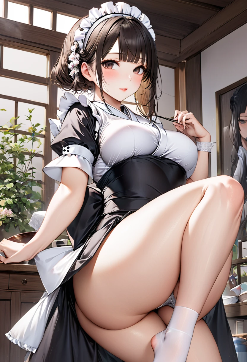 Young beautiful woman,(Highest quality,Extremely detailed depiction,Incredibly absurd high resolution,Anatomically accurate depiction,Nice hands, Perfect Fingers,Curvy Legs)(Sexy Japanese maid),(kimono,Maid clothes,Maid&#39;s Headband,garter belt,White Stockings),eyelash,Brightly glowing purple eyes,There is cleavage in the chest,Black Hair,Perfect body,Depict the whole body,background:Japanese-style room