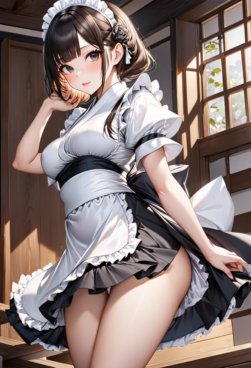 Young beautiful woman,(Highest quality,Extremely detailed depiction,Incredibly absurd high resolution,Anatomically accurate depiction,Nice hands, Perfect Fingers,Curvy Legs)(Sexy Japanese maid),(kimono,Maid clothes,Maid&#39;s Headband,garter belt,White Stockings),eyelash,Brightly glowing purple eyes,There is cleavage in the chest,Black Hair,Perfect body,Depict the whole body,background:Japanese-style room