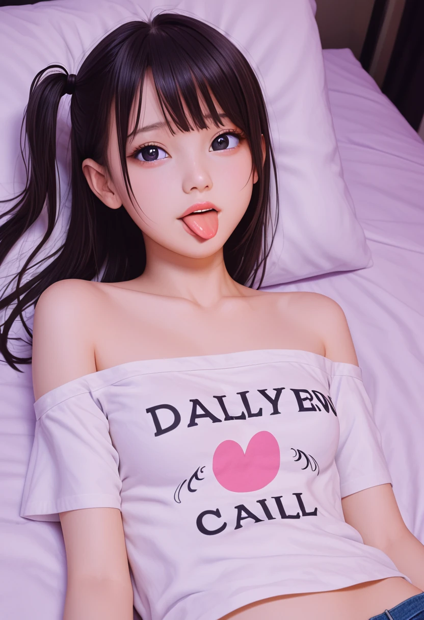 ollarbone,pastel colors t-shirt,off-shoulder look,bare shoulder,midriff peek,micro shorts,open mouth,(tongue out:2),lying,front view,upper body,Embarrassed,(1girl,Beautiful 14 year old girl),((Slender,Small breasts,Small face,)),(looking at viewer),Black Hair,bangs,one side up,Beautiful and detailed,(Dimly lit room:1.5),Weak white lighting,Simple Background,White bed,pillow,best quality,Brilliant Quality
