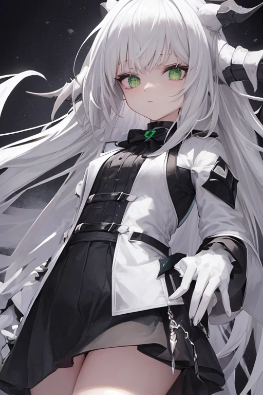 girl, green eyes, long white hair, expressionless look, White jacket, short black skirt, black boots, white gloves, 2 demonic horns.