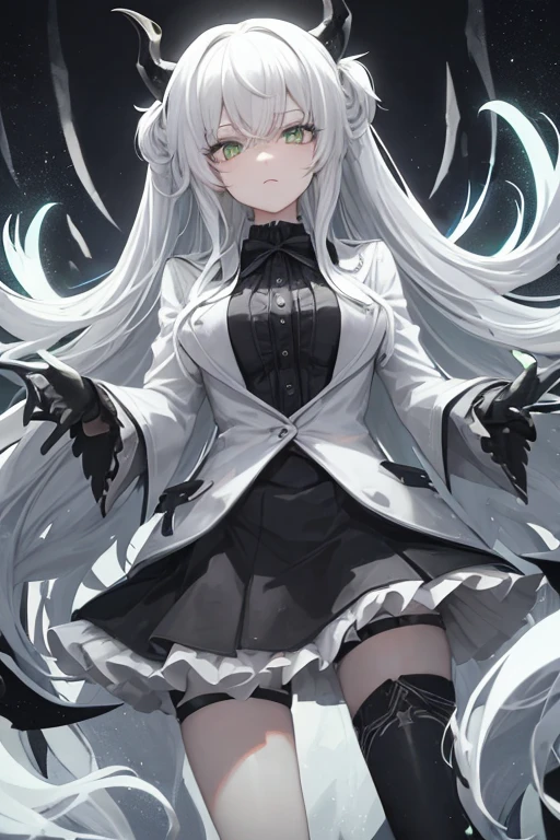 girl, green eyes, long white hair, expressionless look, White jacket, short black skirt, black boots, white gloves, 2 demonic horns.
