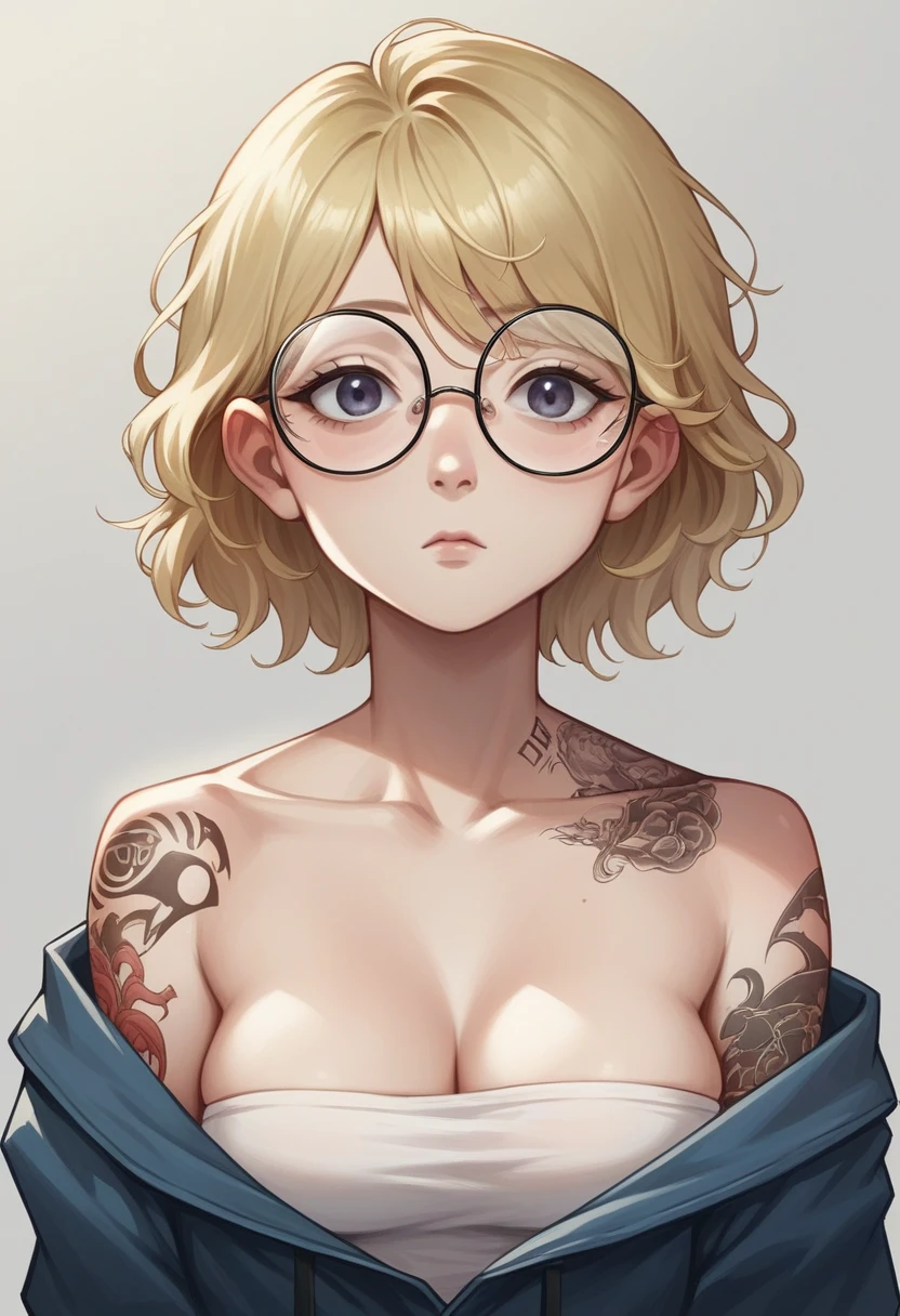 best quality, artwork, ultra high resolution, photorrealistic, 1womanl, Off The Shoulder, 35 year old, Round face, square prescription glasses,  , short wavy blonde hair, eyes browns, tattoo written “amor vincit ominia on the left collarbone, tattoo of an open-mouthed snake on the right collarbone, corpo midsize, breasts big