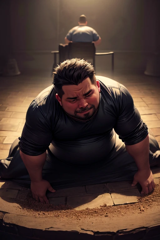 obese fat man on all fours face buried in cake, dominatrix standing over him with whip, masterpiece, photorealistic, extremely detailed, cinematic lighting, dramatic shadows, vivid colors, high contrast, dark fantasy