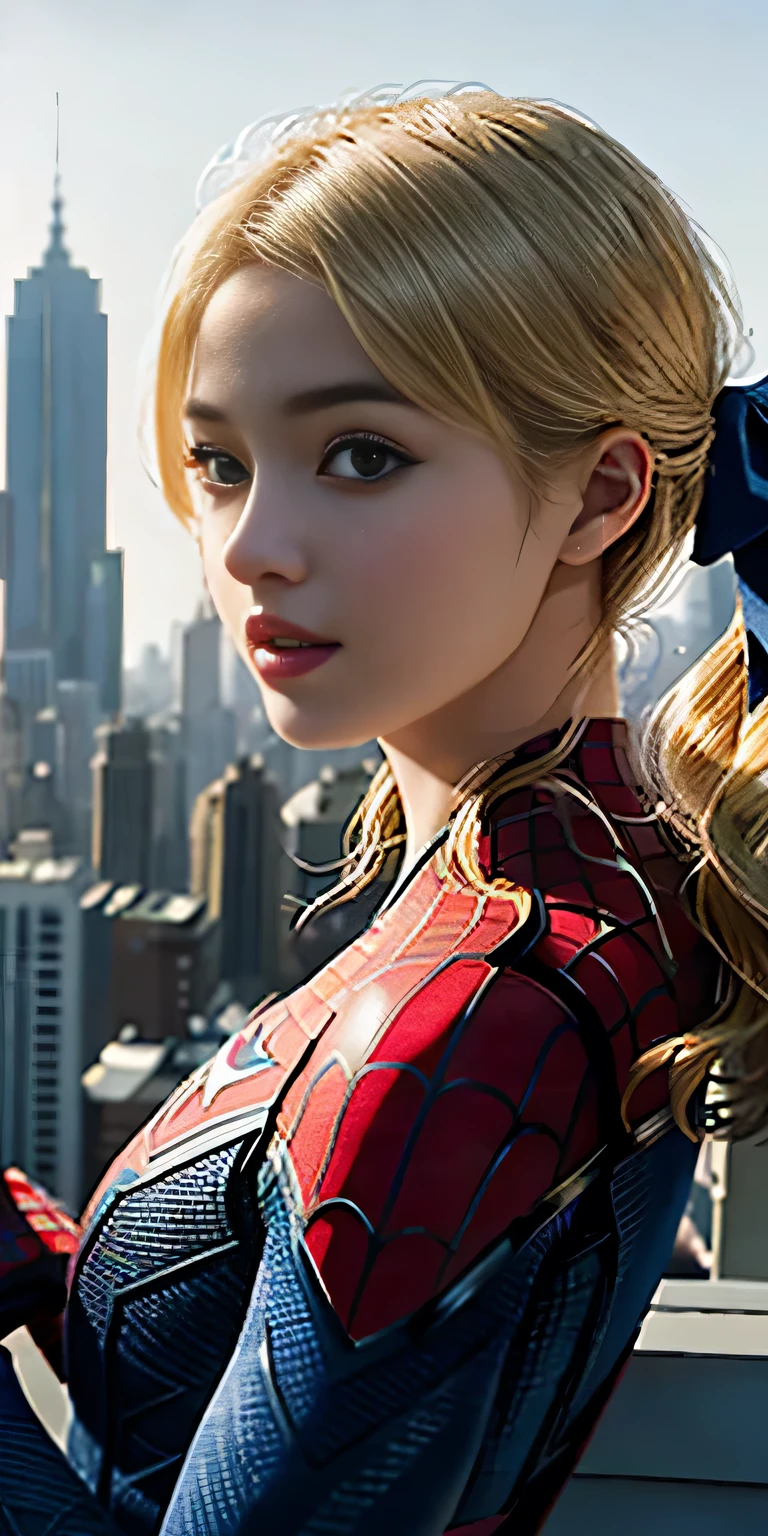 Highest quality、8K、One Woman、Front facing、Wearing a Spider-Man suit、Real Face、Blonde、beautiful、20Woman in her 20s、Looking at the city from the rooftop of a building