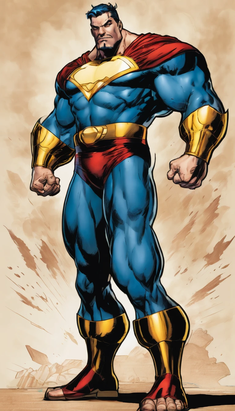 The Giant Guardian, a non-standard superhero with a large physique and thin goatee, sports a vibrant and heroic costume. His confident expression and strong muscles convey power and determination. Despite his unusual appearance, he is the embodiment of heroism, proving that inner strength and kindness are worth more than ripped muscles.