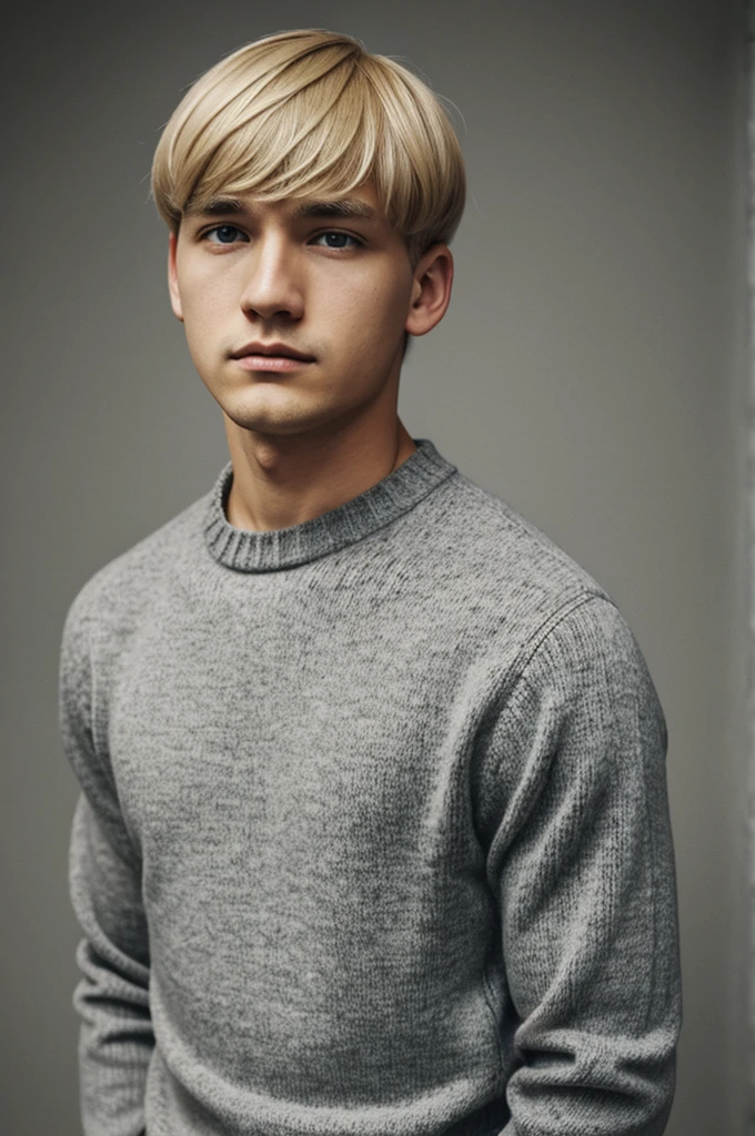 Sad boy with blond bowl cut with a grey sweater and round face