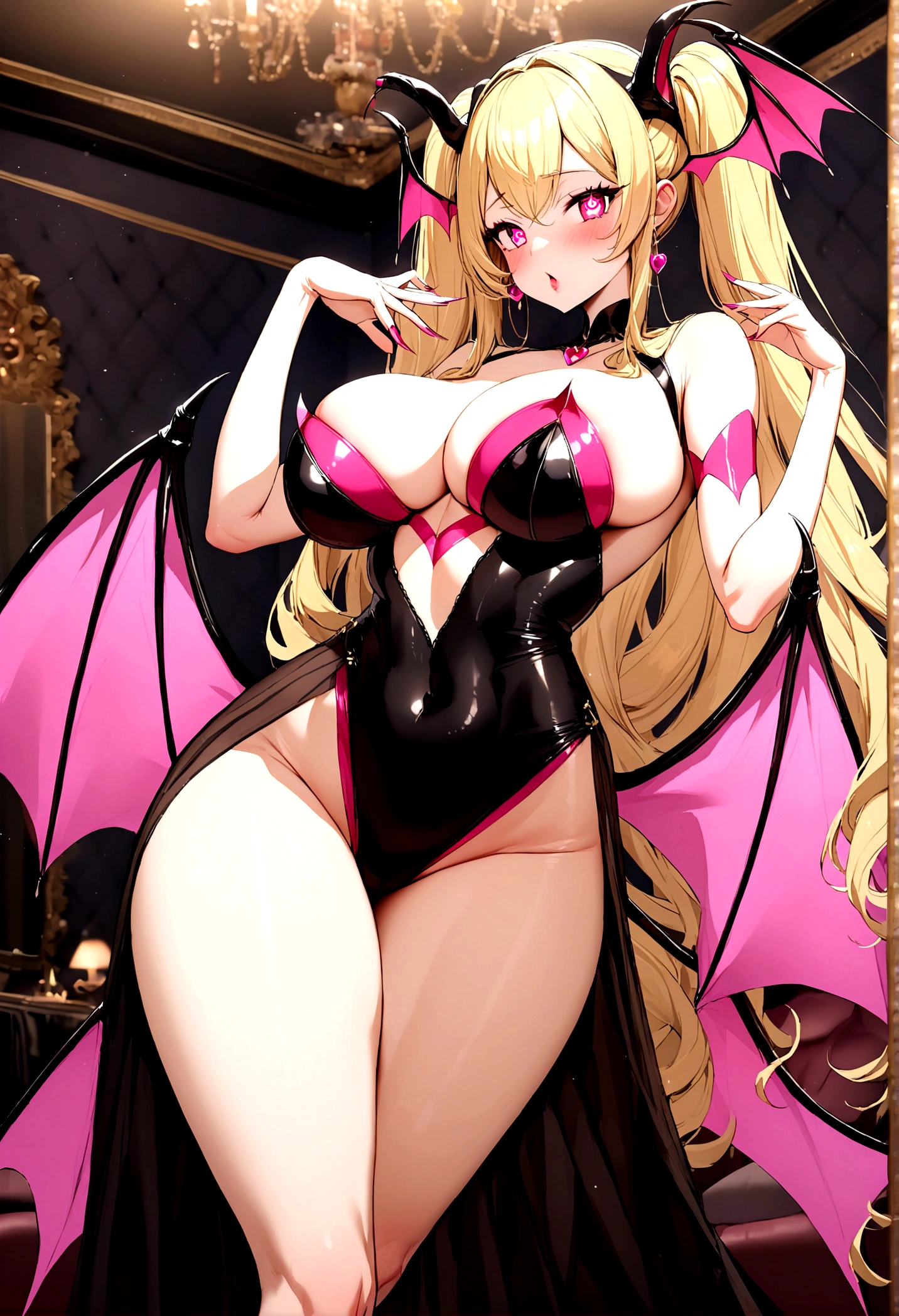 Beautiful tall blonde succubus woman with pink heart-shaped pupils with extremely voluptuous body wearing a black dress, doing a playful pose, in a luxurious room