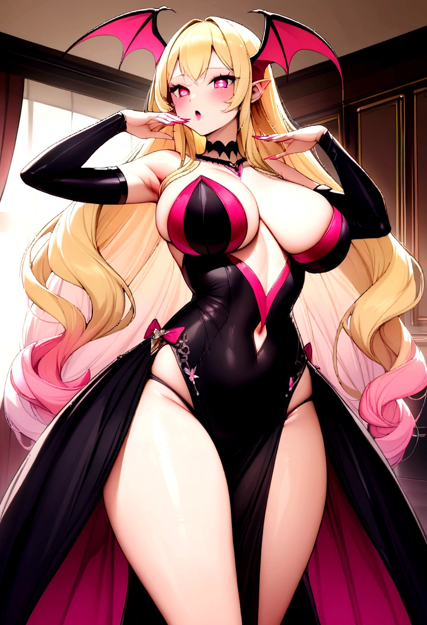 Beautiful tall blonde succubus woman with pink heart-shaped pupils with extremely voluptuous body wearing a black dress, doing a playful pose, in a luxurious room