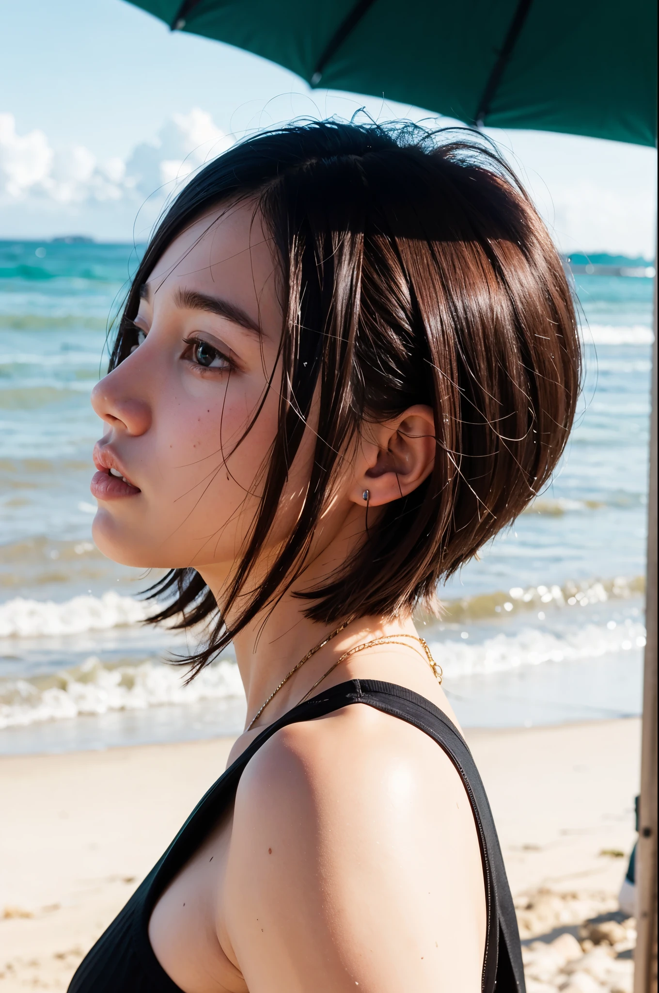 4k, Top quality, 1 beautiful woman, super short Hair, Sunlight, at beach, profile