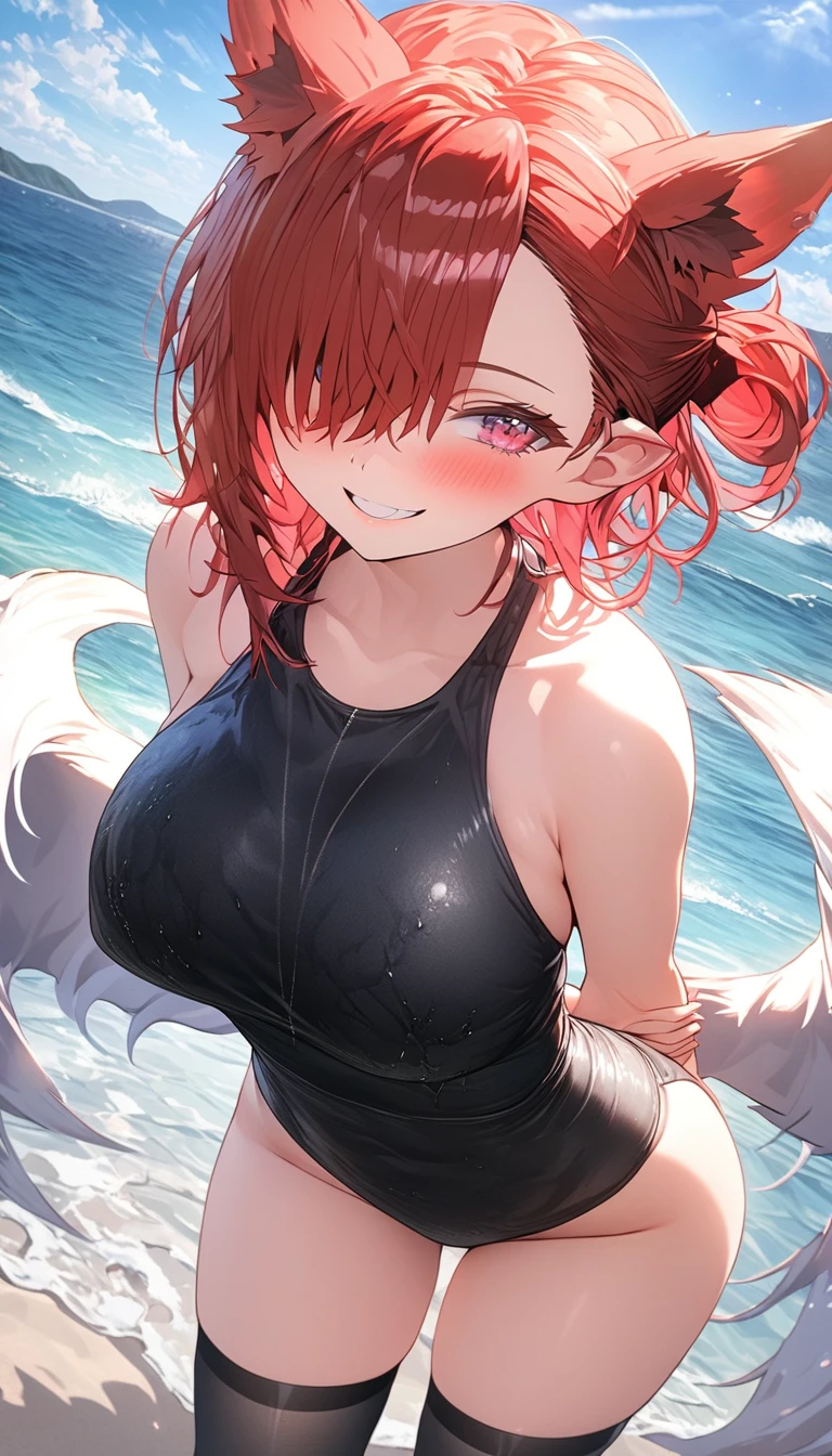 (8k, 4k, Masterpiece, Ultra quality, Ultra detail, HDR, Anime, Brighter colors), (1girl, Kitsune ears, Cherry-red hair, medium hair, Bangs over one eye, Tied hair, Blush,smiling, breasts, (swimsuit, thigh highs), Standing , Hands behind back