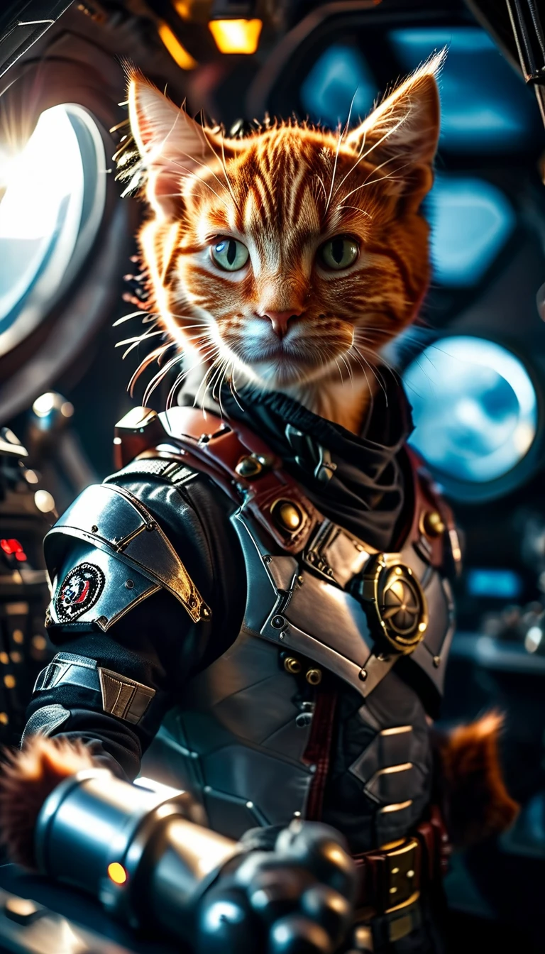 cinematic photo a detailed Award-winning photo, Cute red-haired cat space pirate in his spaceship ,Realistic fur, tooth , anger, Have a big futuristic gun, Epic pose, High quality photos, 3-point lighting, flash with softbox, 4K, Canon EOS R3, High resolution, Smooth, Sharp focus, High resolution, Award-winning photo, 80mm, F2.8, Bokeh . 35mm Photography, movie, Bokeh, Professional, 4K, Very detailed
