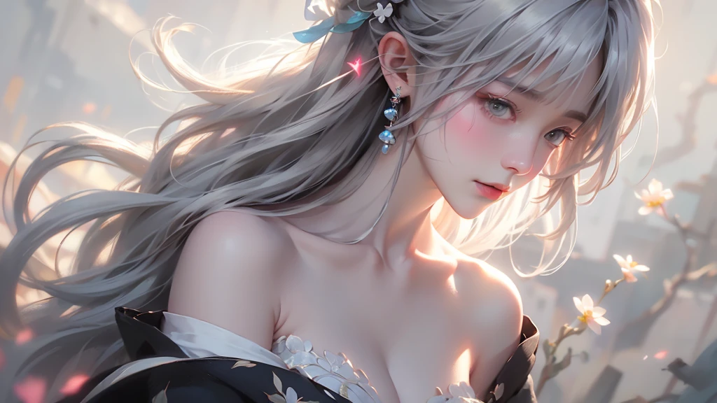 super high quality, masterpiece, Perfect illustration, Very detailed (Exquisite light and shadow, Very dramatic photo,Backlight) , ((Gray Hair:1.5))1 Girl,(( alone:1.6)), (Wearing Han clothes, Black and white Hanfu,Monotony,Long sleeve) Flower Field, Flowers, (White smoke:1.3) (Realistic:1.4), Zen Intertwining, Tangled, Official Art, unity 8k wallpaper, Very detailed, Beautiful and beautiful, masterpiece, Highest quality, (Dynamic Angle: 1.4), Glowing Skin, (Floating colorful flashes: 1) The most beautiful chaotic shapes, elegant, Brutalist Design, Bright colors, Romantic Depth of Field Exotic_dance, half_naked、Expose your shoulders、Ample breasts、Great cleavage、