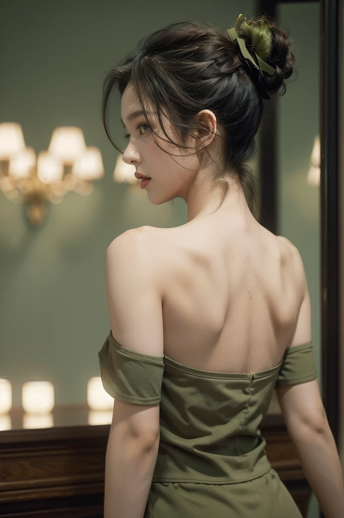 (((best quality))),(((ultra detailed))),(((masterpiece))),illustration,((1 beautiful young girl,female soldier,solo)),(short black ponytail:1.2),((slim,thin)),((shoulder off,strapless,bare back,towering hips,butt crack)),determined,professional,demeanor,(light green short-sleeved shirt:1.3),(dark green shorts:1.2),(slender legs:1.2),military,affiliation,background,military conference room,walls,maps,battlefields,strategic points,markings,(large red flag),nation's unity,strength,seriousness,planning,important discussion,rigid posture,focused expression,confidence,respectability,bright intense eyes,analyzing situation,contribute thoughts,ideas,charm,powerful,intense atmosphere,freezes moment in time,essence,striking appearance,(night scene:1.2),((from back,upper body))