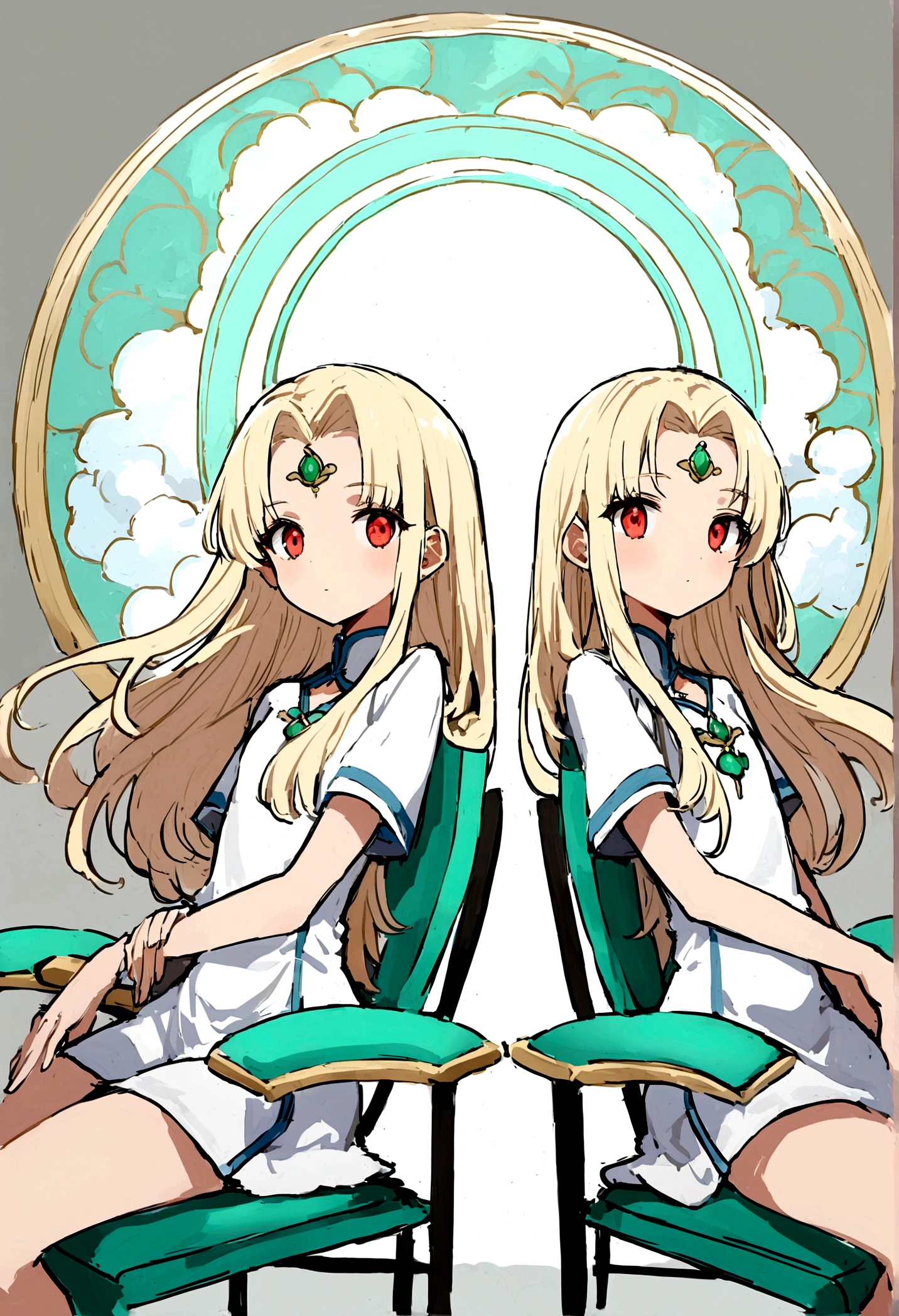 Red eyes Carmencin wavy blonde hair light skin a white tunic with light blue clouds would be and serene she has on her forehead a light blue ribbon with symbols of clouds and in a tunic like a jade chair that behind a big sale is a temple she is the leader of a clan of cultivators, you are about 17 years old