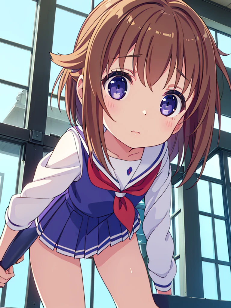 (high quality), (Masterpiece), (Very detailed), girl, (very small bust), short brown hair, purple eyes, shy face, (loli de primary), showing her thighs, in the school yard, sunny, camera angle from below, adorable eyes, (primary school uniform) NSFW 