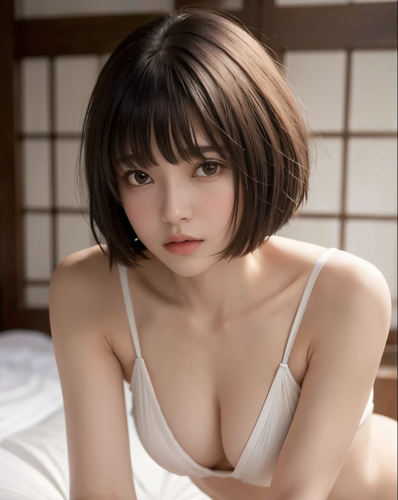 Zaid G, 1 girl, fine skin, looking at the viewer, brown eyes, (short hair with bangs:1.2), (medium breasts:1.0), (medium areola:0.8), 
(realistic:1.4), (highest quality:1.0), (ultra high resolution:1.0), 8k, RAW photo, (masterpiece:0.2), (Pueros face_v1:0.5)