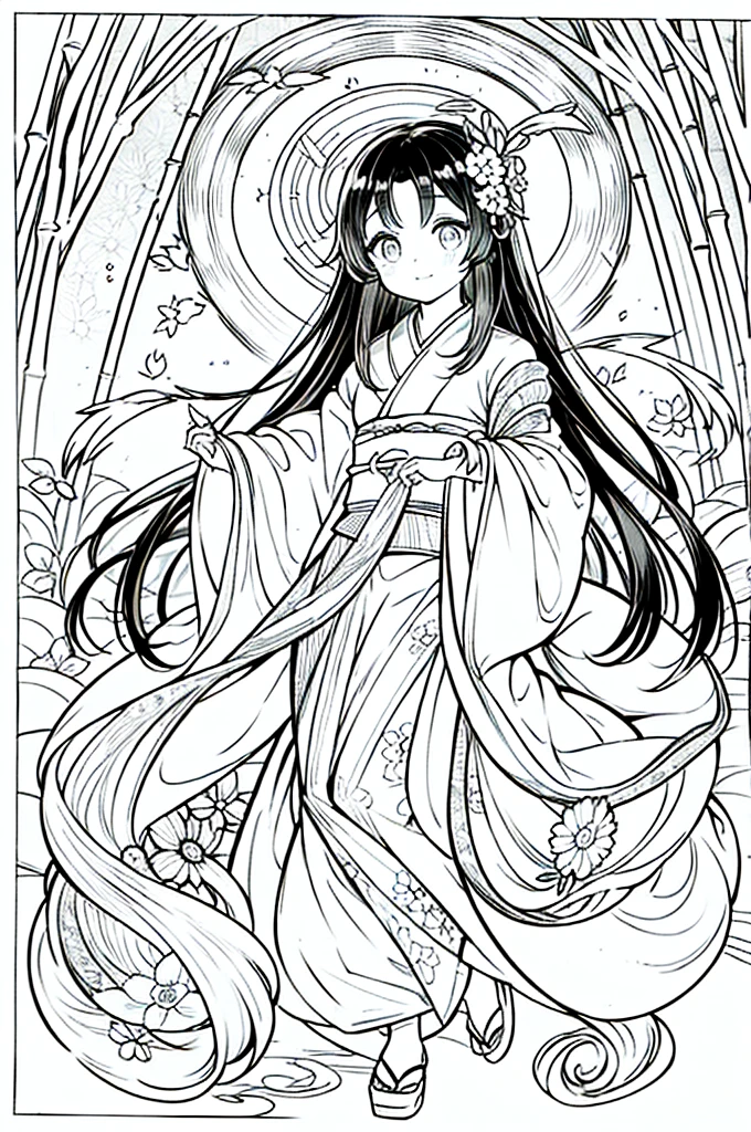 As a coloring book, the color should be black and white, the border should be simple, clear, and bold. A beautiful Asian girl with long, flowing black hair adorned with a delicate [flower hair ornament] is strolling through the picturesque [Arashiyama Bamboo Forest] in Kyoto, Japan. She is wearing a stunning [kimono with cherry blossom pattern], the vibrant colors contrasting with the serene green of the bamboo grove. The girl's expression exudes a sense of peace and tranquility as she immerses herself in the beauty of the natural surroundings.