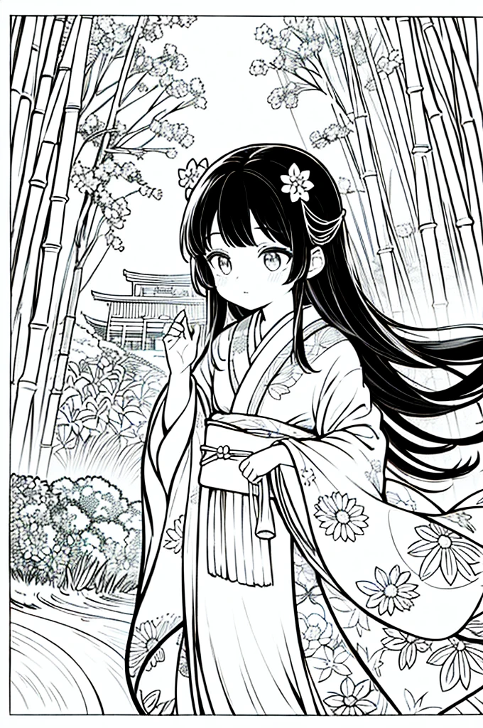 As a coloring book, the color should be black and white, the border should be simple, clear, and bold. A beautiful Asian girl with long, flowing black hair adorned with a delicate [flower hair ornament] is strolling through the picturesque [Arashiyama Bamboo Forest] in Kyoto, Japan. She is wearing a stunning [kimono with cherry blossom pattern], the vibrant colors contrasting with the serene green of the bamboo grove. The girl's expression exudes a sense of peace and tranquility as she immerses herself in the beauty of the natural surroundings.
