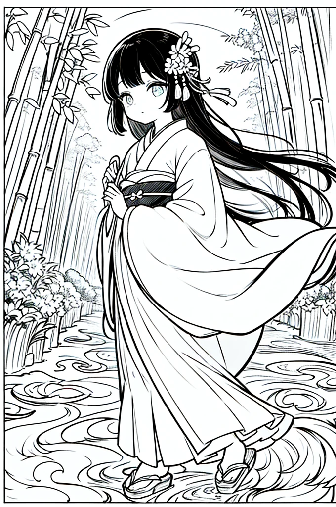 As a coloring book, the color should be black and white, the border should be simple, clear, and bold. A beautiful Asian girl with long, flowing black hair adorned with a delicate [flower hair ornament] is strolling through the picturesque [Arashiyama Bamboo Forest] in Kyoto, Japan. She is wearing a stunning [kimono with cherry blossom pattern], the vibrant colors contrasting with the serene green of the bamboo grove. The girl's expression exudes a sense of peace and tranquility as she immerses herself in the beauty of the natural surroundings.