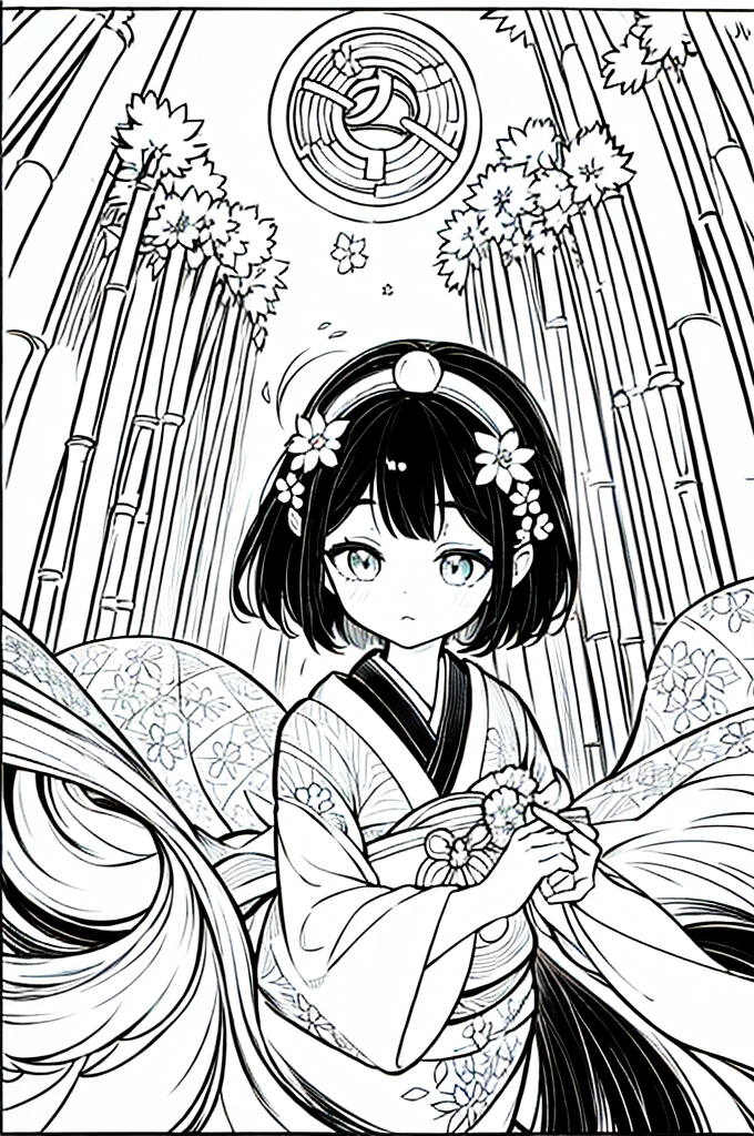 As a coloring book, the color should be black and white, the border should be simple, clear, and bold. A beautiful Asian girl with long, flowing black hair adorned with a delicate [flower hair ornament] is strolling through the picturesque [Arashiyama Bamboo Forest] in Kyoto, Japan. She is wearing a stunning [kimono with cherry blossom pattern], the vibrant colors contrasting with the serene green of the bamboo grove. The girl's expression exudes a sense of peace and tranquility as she immerses herself in the beauty of the natural surroundings.