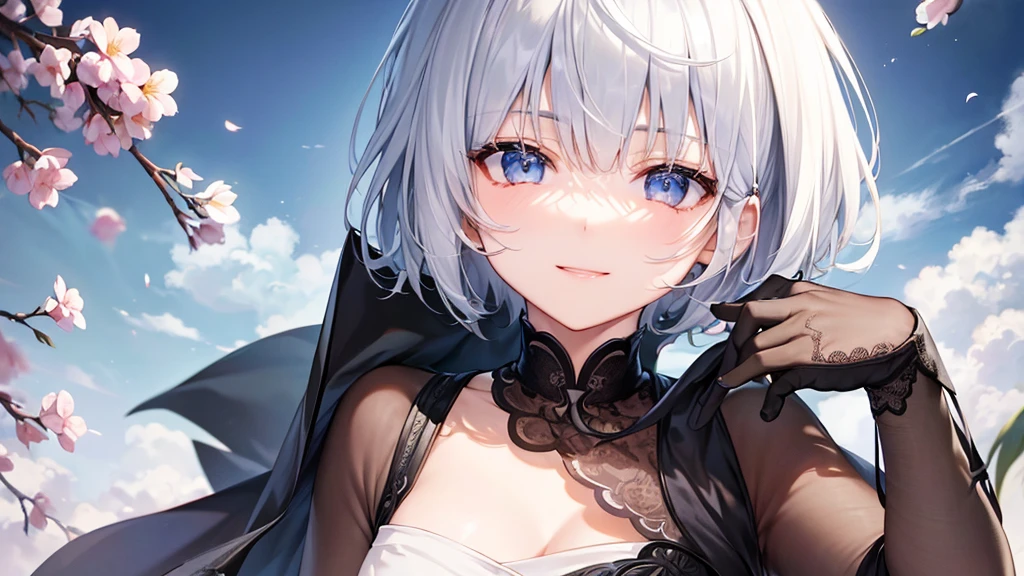 Ultra HD,Look at the viewers, Put your hands behind your back, With a girl, 20-year-old, 非常にShort Hair, Long bangs between the eyes, Pale blue eyes,  Very detailed,(masterpiece、Highest quality),Gray Hair、Laughter、Fantastic, Silver Hair, Iris,  Short hair、 Fluttering Hair、Small Face、明るいsmile、(Detailed face) ,Professional Lighting,Wonderful landscape,blue sky, sunlight,Looking down from above,Portraiture、Open your mouth、Flower Field、Her eyes were shining、Mysterious and enchanting atmosphere。With AI Painting、とてもShort Hair, Long bangs between the eyes, Very detailed,(masterpiece、Highest quality)、alone、Gray Hair、Fantasy, Silver Hair, Fantasyな風景、White shirt、smile、Open your mouth、short hair、Short Hair、hairpin、black eye、Grey Eyes、Beautiful Eyes、