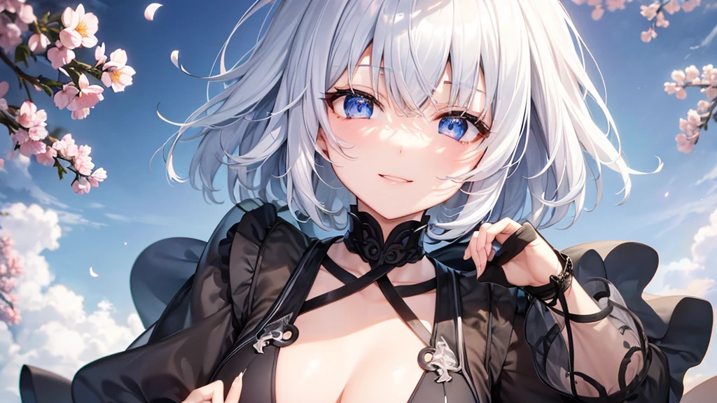 Ultra HD,Look at the viewers, Put your hands behind your back, With a girl, 20-year-old, 非常にShort Hair, Long bangs between the eyes, Pale blue eyes, Very detailed,(masterpiece、Highest quality),Gray Hair、Laughter、Fantastic, Silver Hair, Iris, Short hair、 Fluttering Hair、Small Face、明るいsmile、(Detailed face) ,Professional Lighting,Wonderful landscape,blue sky, sunlight,Looking down from above,Portraiture、Open your mouth、Flower Field、Her eyes were shining、Mysterious and enchanting atmosphere。With AI Painting、とてもShort Hair, Long bangs between the eyes, Very detailed,(masterpiece、Highest quality)、alone、Gray Hair、Fantasy, Silver Hair, Fantasyな風景、White shirt、smile、Open your mouth、short hair、Short Hair、hairpin、black eye、Grey Eyes、Beautiful Eyes、