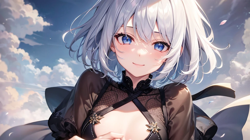 Ultra HD,Look at the viewers, Put your hands behind your back, With a girl, 20-year-old, 非常にShort Hair, Long bangs between the eyes, Pale blue eyes, Very detailed,(masterpiece、Highest quality),Gray Hair、Laughter、Fantastic, Silver Hair, Iris, Short hair、 Fluttering Hair、Small Face、明るいsmile、(Detailed face) ,Professional Lighting,Wonderful landscape,blue sky, sunlight,Looking down from above,Portraiture、Open your mouth、Flower Field、Her eyes were shining、Mysterious and enchanting atmosphere。With AI Painting、とてもShort Hair, Long bangs between the eyes, Very detailed,(masterpiece、Highest quality)、alone、Gray Hair、Fantasy, Silver Hair, Fantasyな風景、White shirt、smile、Open your mouth、short hair、Short Hair、hairpin、black eye、Grey Eyes、Beautiful Eyes、