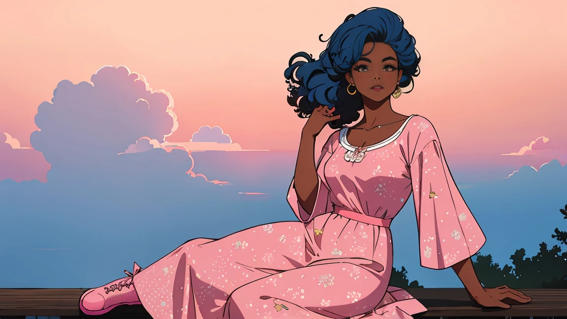 (best quality:1.1),original,1girl,chic,trendy,afro,dark skin,makeup,1970's, blue hair, brown eyes An illustration of african american woman with natural hair, in the style of ross tran, a pink dress with a cute cloud print and cute pink boots, a gorgeous woman with extremely long hair in a ponytail with bangs, sitting on a soft pink cloud looking at a distant magical city far beneath her, at sunset --ar 2:3 --v 6.0 pink and orange, jessica drossin, bold block prints, michael malm, bold yet graceful, bold traditional