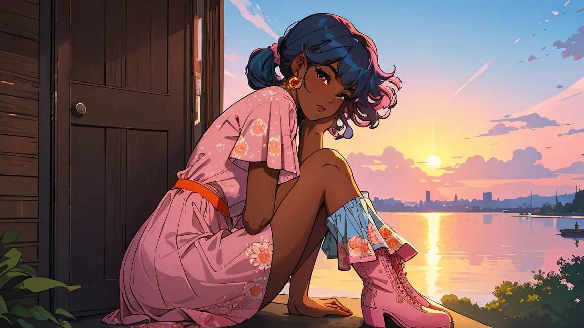 (best quality:1.1),original,1girl,chic,trendy,afro,dark skin,makeup,1970's, blue hair, brown eyes An illustration of african american woman with natural hair, in the style of ross tran, a pink dress with a cute cloud print and cute pink boots, a gorgeous woman with extremely long hair in a ponytail with bangs, sitting on a soft pink cloud looking at a distant magical city far beneath her, at sunset --ar 2:3 --v 6.0 pink and orange, jessica drossin, bold block prints, michael malm, bold yet graceful, bold traditional