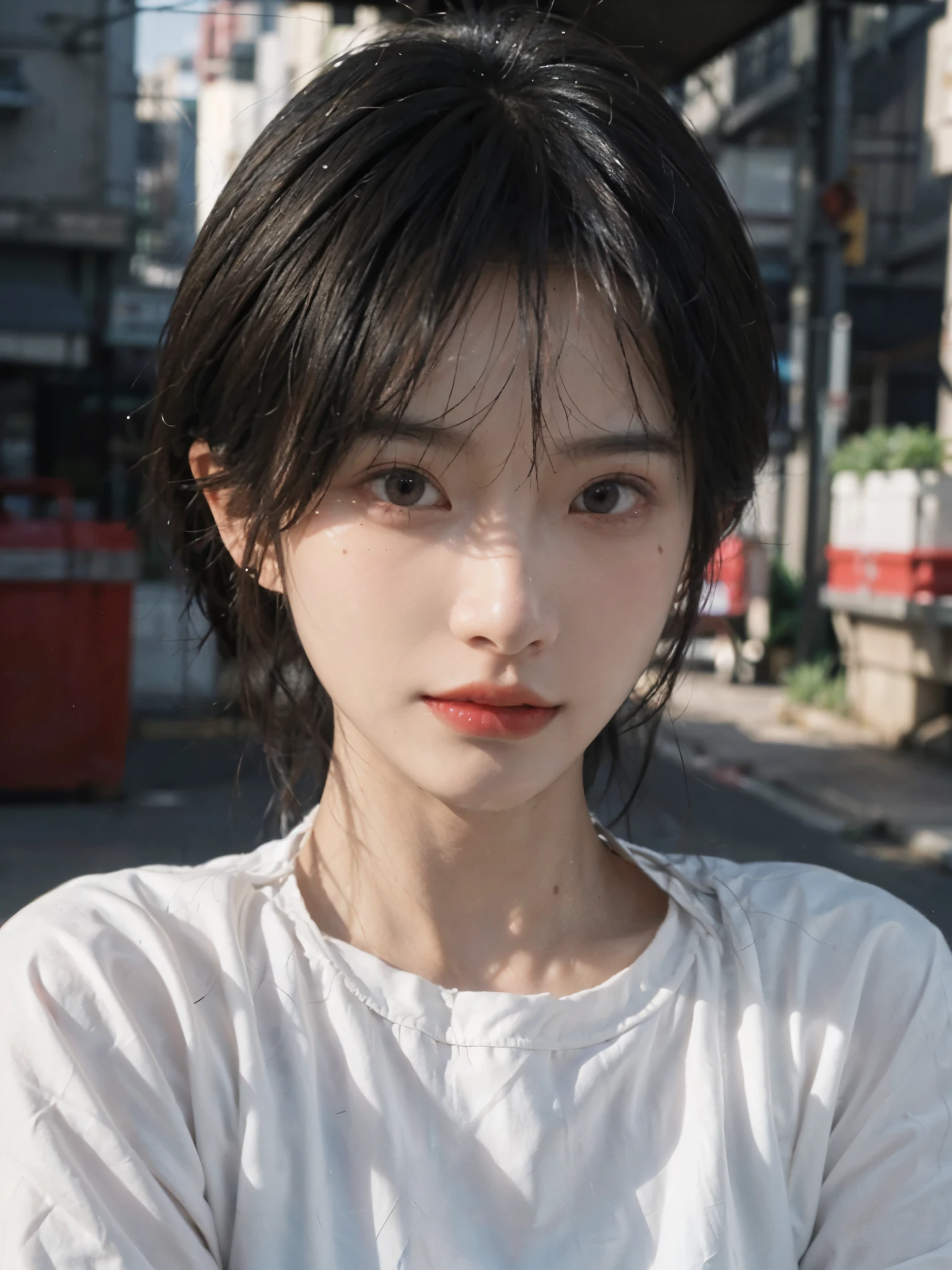 (smooth skin textures:1.3), Lipstick, Upper body,Upper Body,background, earrings, serene, calm, (Dress conservatively:1.6),(Realistic and detailed eyes:1.2), Natural skin texture, Realistic facial details, Soft dramatic lighting, Vivid details, outdoor, (Photo Practical:1.4), (hyper Practical:1.4), (Practical:1.3), (Improve lighting quality:0.9), (Highest quality real skin textures:1.4), (Enhance the beauty of skin texture:1.1), Hair details, model, short hair, Moles under the eyes, Portrait Photography, Depth of Field, Bokeh, Surrealism, Ray Tracing, (Portrait Photography:1.1), Surrealism, High Detail, Chiaroscuro, Ray Tracing, reflected light, Ultra HD, Ultra HD, masterpiece, Textured Skin, Super Detail, High Detail, high quality, best quality