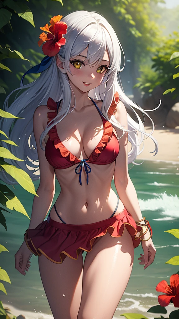 masterpiece, best quality, 1 solo girl, silver hair, yellow eyes, long hair, medium breasts, sexy body and face, wavy hair, smile, parted lips, bikini, red bikini skirt, navel, sandals, cleavage, collarbone, bare shoulders, jewelry, bracelet, blue scarf, ribbon, hibiscus, frills, sleeveless, hair flower, toeless footwear, outdoors, summer, sexy pose, cowboy shots, detailed body, face, and eyes, sharp focus, vibrant, creative, dynamic, high definition, high resolution, 8k, (Upscale: R-ESRGAN 4x+ Anime6mage enchance:4x), voluptuous body, cinema lightning, dakimakura style, looking at the viewer,