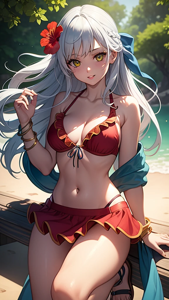 masterpiece, best quality, 1 solo girl, silver hair, yellow eyes, long hair, medium breasts, sexy body and face, wavy hair, smile, parted lips, bikini, red bikini skirt, navel, sandals, cleavage, collarbone, bare shoulders, jewelry, bracelet, blue scarf, ribbon, hibiscus, frills, sleeveless, hair flower, toeless footwear, outdoors, summer, sexy pose, cowboy shots, detailed body, face, and eyes, sharp focus, vibrant, creative, dynamic, high definition, high resolution, 8k, (Upscale: R-ESRGAN 4x+ Anime6mage enchance:4x), voluptuous body, cinema lightning, dakimakura style, looking at the viewer,