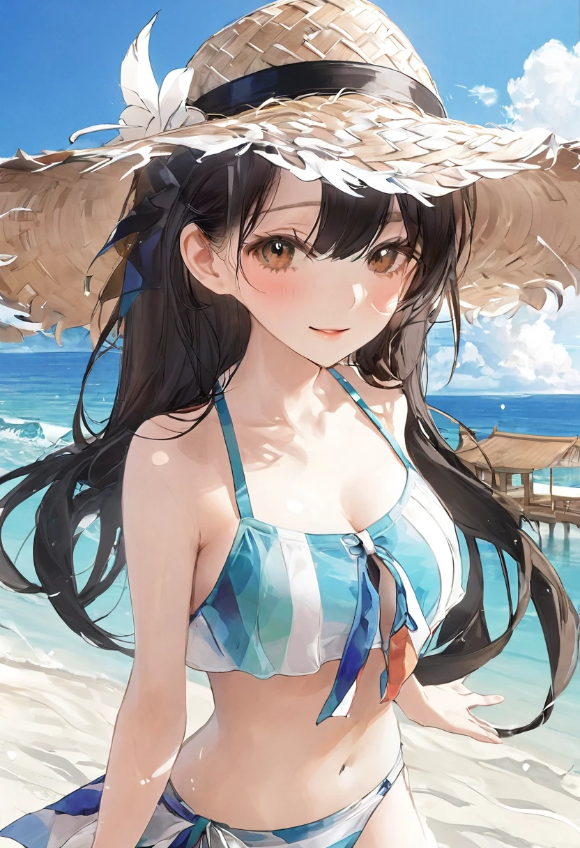 Seaside　White sand beach　Swimwear　20-year-old　beautiful girl　bikini　Straw hat　