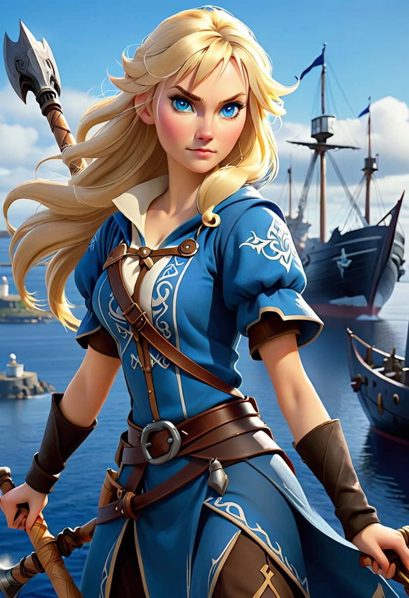 a human female mage nordic women. with a short axe. she is holding a staff in her other hand. she has blonde hair and blue eyes. in teh background we see a harbor with ships.
