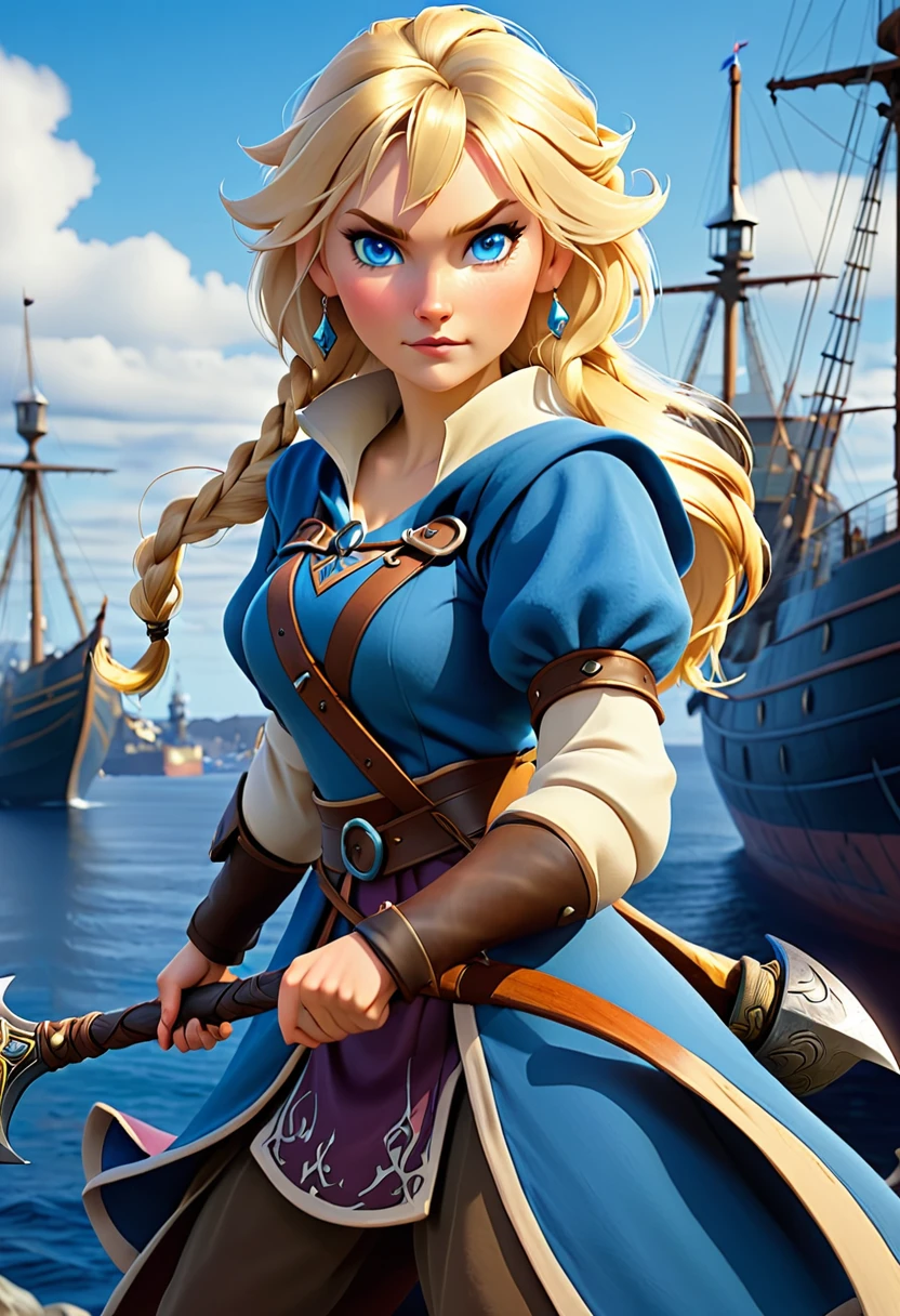 a human female mage nordic women. with a short axe. she is holding a staff in her other hand. she has blonde hair and blue eyes. in teh background we see a harbor with ships.