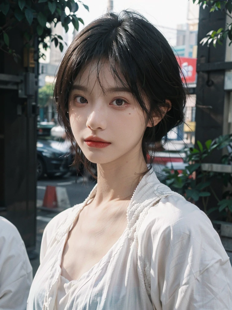 (smooth skin textures:1.3), Lipstick, Upper body，Upper Body，background, earrings, serene, calm, （Dress conservatively：1.6），(Realistic and detailed eyes：1.2）, Natural skin texture, Realistic facial details, Soft dramatic lighting, Vivid details, outdoor, (Photo Practical:1.4), (hyper Practical:1.4), (Practical:1.3), (Improve lighting quality:0.9), (Highest quality real skin textures:1.4), (Enhance the beauty of skin texture:1.1), Hair details, model， short hair, Moles under the eyes, Portrait Photography, Depth of Field, Bokeh, Surrealism, Ray Tracing, (Portrait Photography:1.1), Surrealism, High Detail, Chiaroscuro, Ray Tracing, reflected light, Ultra HD, Ultra HD, masterpiece, Textured Skin, Super Detail, High Detail, high quality, best quality