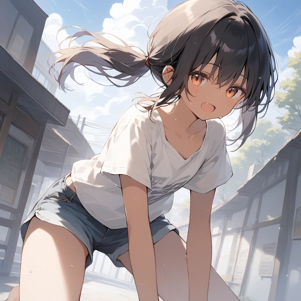 score_9, score_8_up, score_7_up, source_anime, best quality, masterpiece, official art, absurdres, highres, ultra-detailed,waifu2x,Collection: Slice of Life,break,1girl, tomboy, dark-skinned female, short hair, low ponytail, flat chest, beautiful detailed eyes, short shorts, sweat, open mouth, (yawn:0.3), sleepily, outdoors, wind,break,(clear line illustration:1.2), super detailed skin,very high resolution, very aesthetic, Best sexual lighting powered by famous artist, 8k,cute picture,beauty illustration,photoshop_(medium),,(Detailed Lighting),best anime 8k konachan wallpaper, pixiv contest winner,