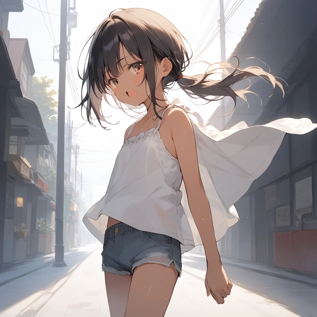 score_9, score_8_up, score_7_up, source_anime, best quality, masterpiece, official art, absurdres, highres, ultra-detailed,waifu2x,Collection: Slice of Life,break,1girl, tomboy, dark-skinned female, short hair, low ponytail, flat chest, beautiful detailed eyes, short shorts, sweat, open mouth, (yawn:0.3), sleepily, outdoors, wind,break,(clear line illustration:1.2), super detailed skin,very high resolution, very aesthetic, Best sexual lighting powered by famous artist, 8k,cute picture,beauty illustration,photoshop_(medium),,(Detailed Lighting),best anime 8k konachan wallpaper, pixiv contest winner,