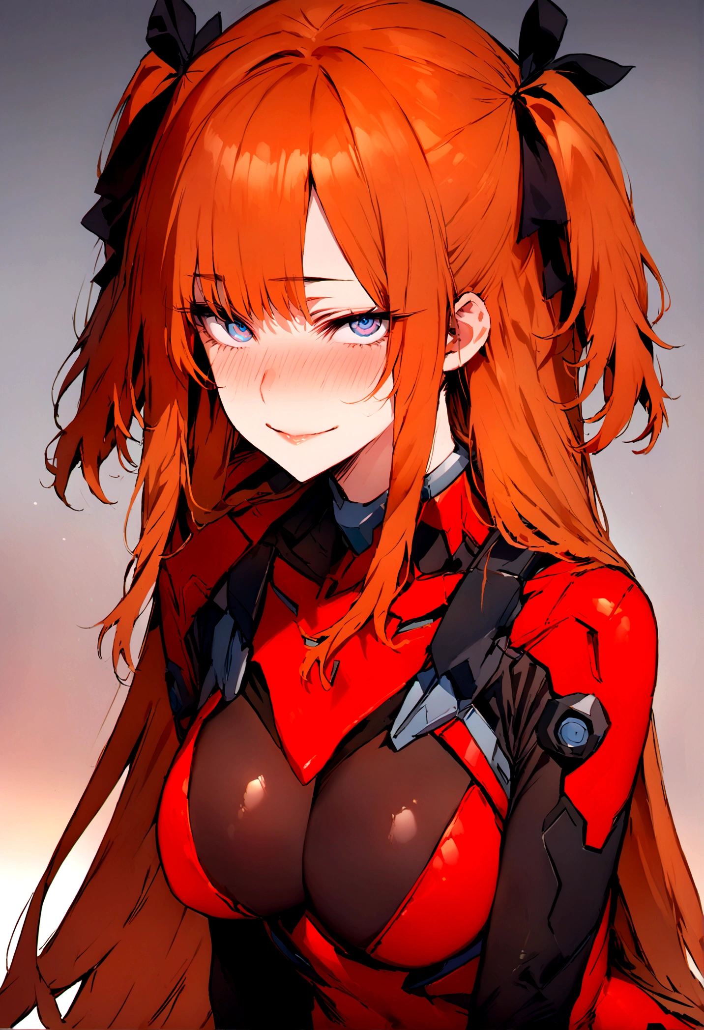 (masterpiece), best quality, expressive eyes, perfect face, 1girl, solo, blue eyes, dark orange Hair, Loose hair, hair ribbon, long hair, black ribbon, sidelocks, bangs two side up, smile, red skin-tight battle suit, slim figure, looking at viewer