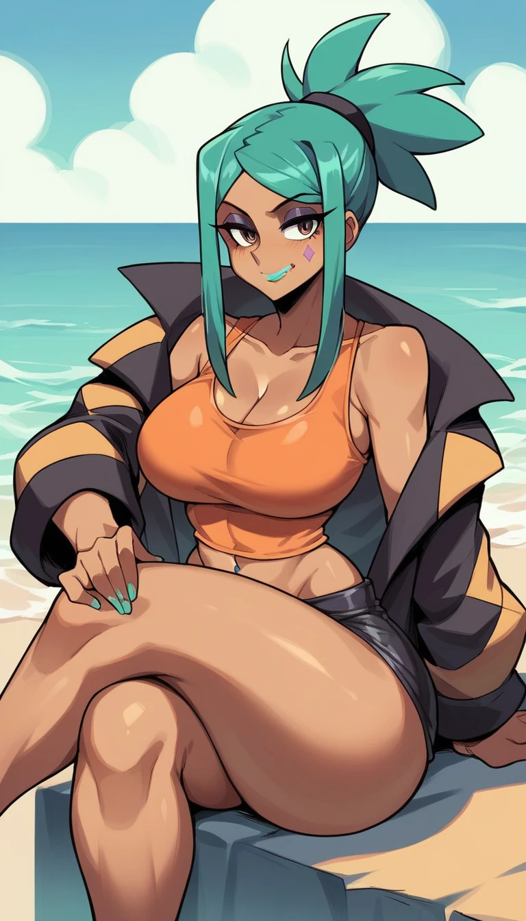 score_9, score_8_up, score_7_up, source_anime, rating_explicit, beautyful woman, cerebella from skullgirls, orange shirt, in beach, no hat, brown skin, cyan hair, ponytail hair, smile, crossed legs. black jacket, black pants, mature woman