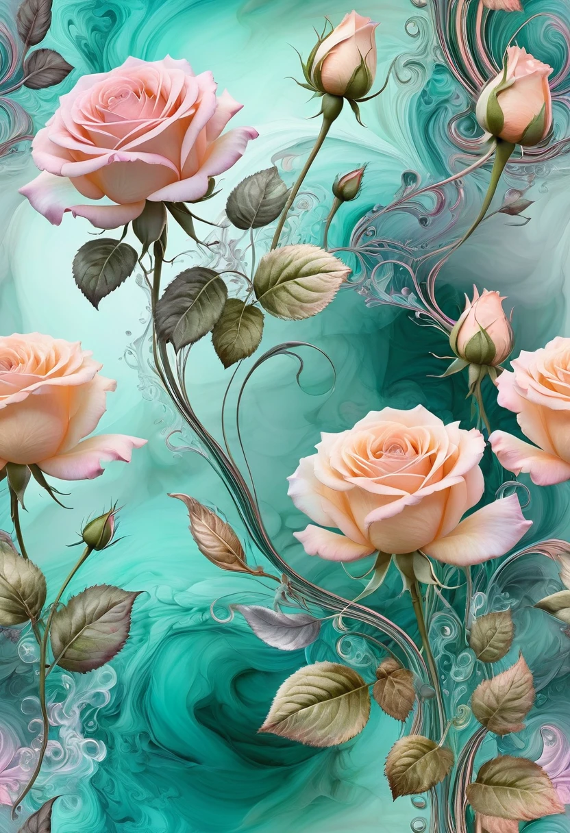 Whimsical fantasy elegant rose floral botanical minimalism with a wave of garden flowing flowers floating in misty pink, Aqua green, Light apricot, Smoke fractal, Emotional and extremely realistic flowers, Octane Rendering, Josephine Wall Art, Isabelle Menin, Jean, Amy Brown