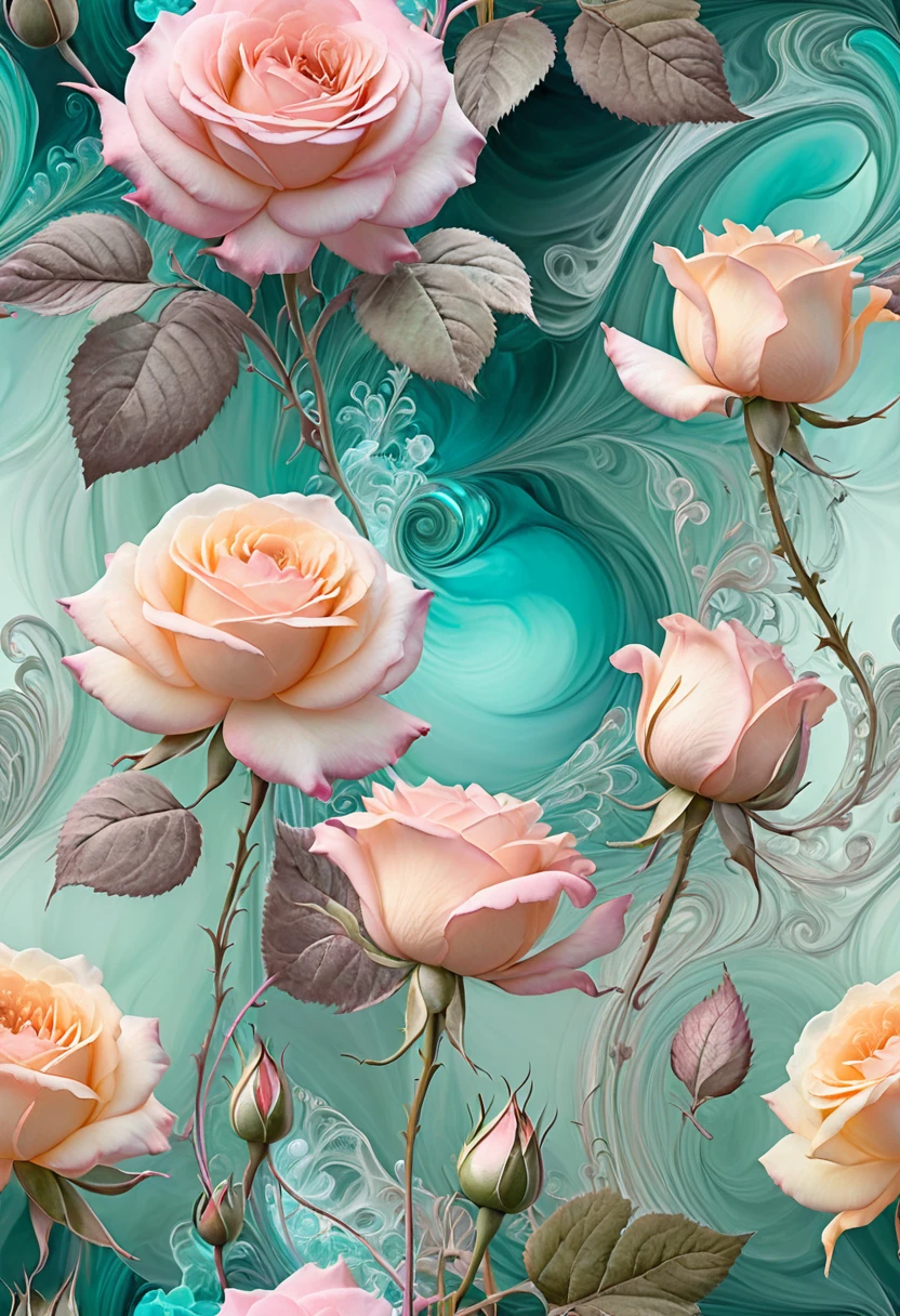 Whimsical fantasy elegant rose floral botanical minimalism with a wave of garden flowing flowers floating in misty pink, Aqua green, Light apricot, Smoke fractal, Emotional and extremely realistic flowers, Octane Rendering, Josephine Wall Art, Isabelle Menin, Jean, Amy Brown  