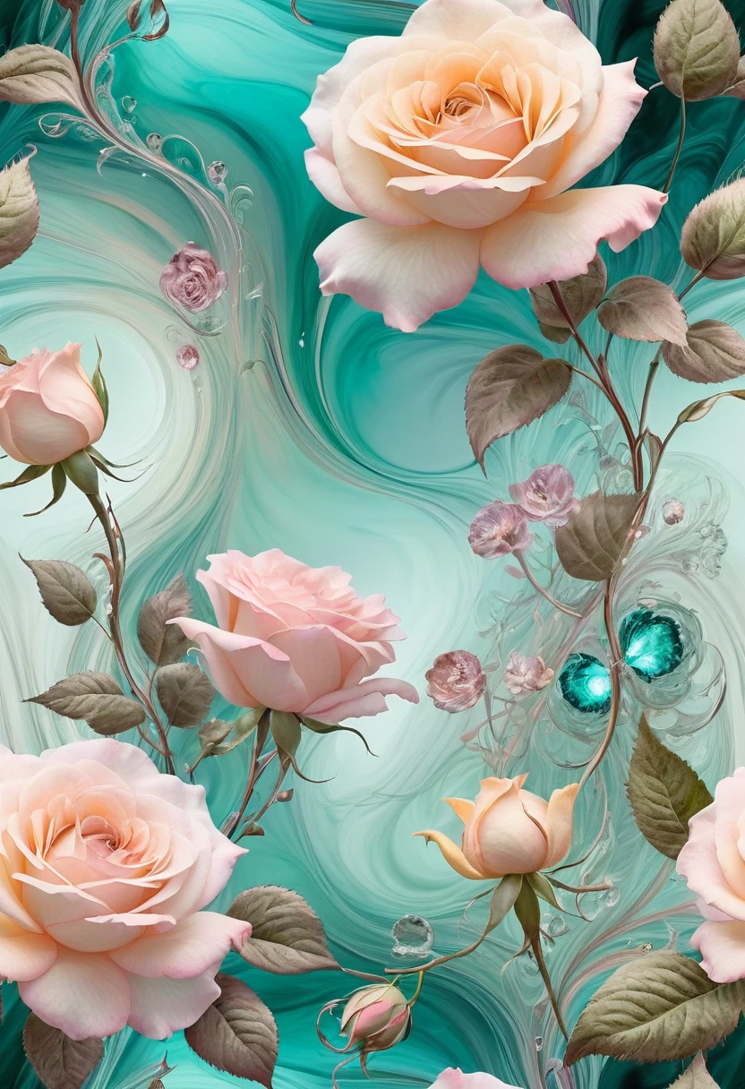 Whimsical fantasy elegant rose floral botanical minimalism with a wave of garden flowing flowers floating in misty pink, Aqua green, Light apricot, Smoke fractal, Emotional and extremely realistic flowers, Octane Rendering, Josephine Wall Art, Isabelle Menin, Jean, Amy Brown