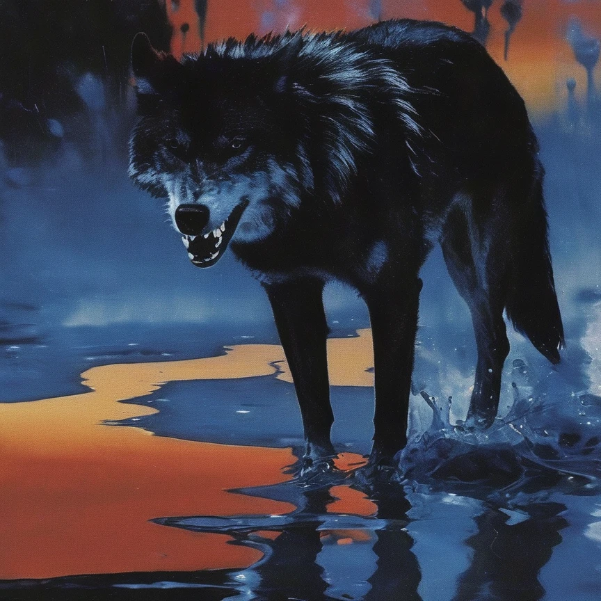 abstract defragment smeared wolf in water, sunrise background