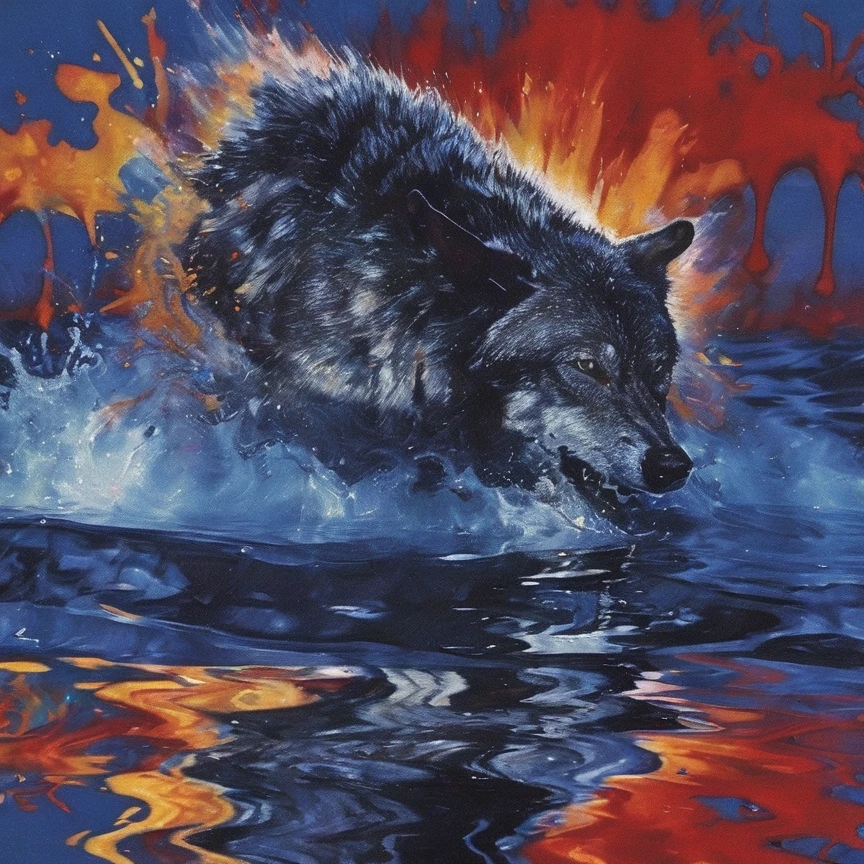 abstract defragment smeared  wolf in water, sunrise background