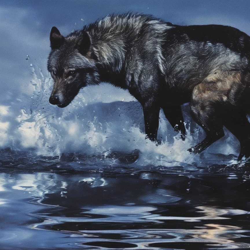 abstract defragment smeared wolf in water, sunrise background
