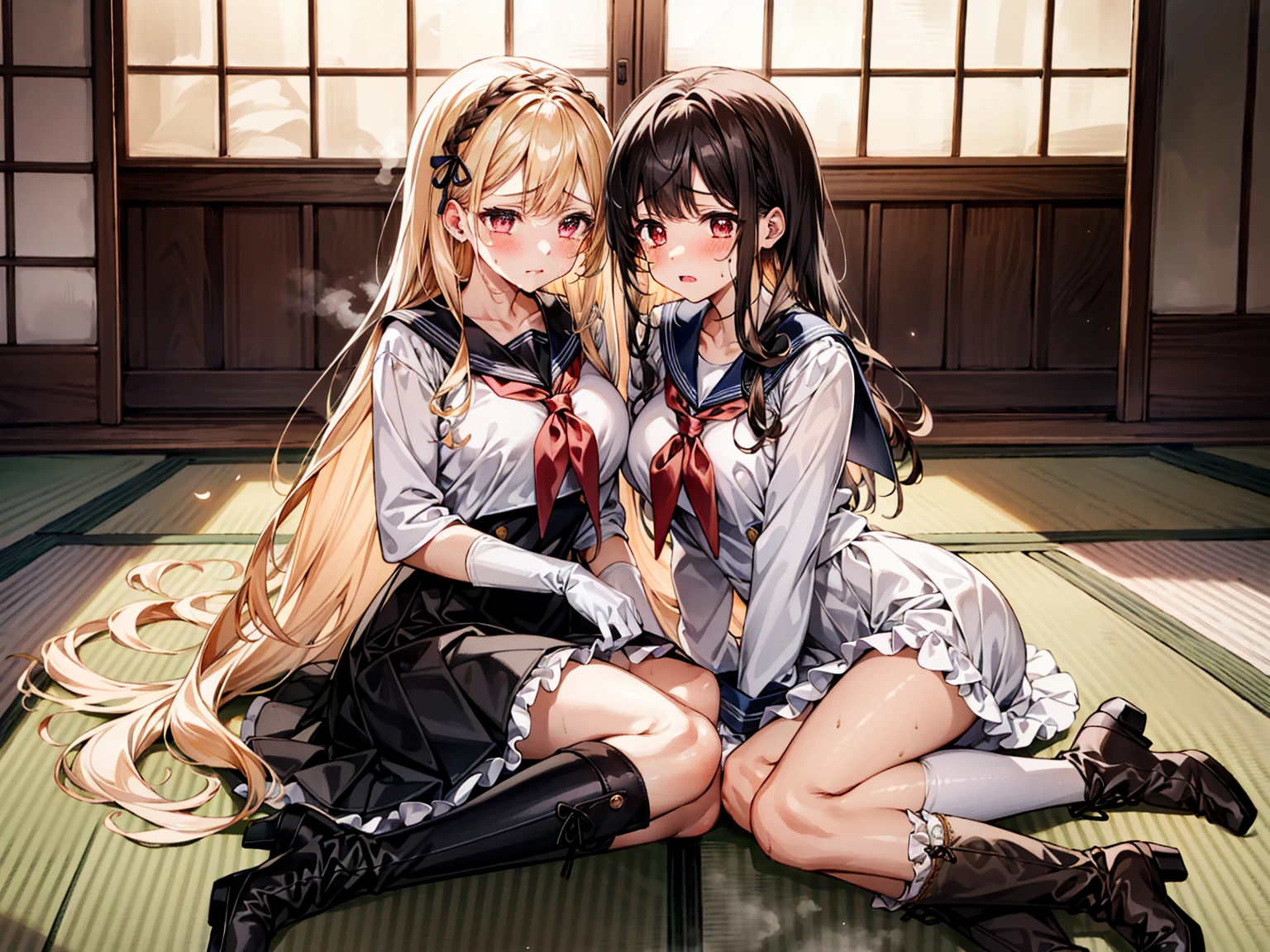 sunset Orange Room, Full-body depiction on screen, Two Girls, A large amount of rolled up tissue paper, Wrinkled, Dirty tissue on the ground, Tears dripping from the edges of the mouth, Sitting on a dirty bed, Dirty futon with brown stains Dirty old tatami mat ,Tatami room, Plenty of tissue paper , Garbage is scattered everywhere, very dirty bed, A room full of messy garbage,, Embarrassing, Very large breasts Extremely enlarged breasts Dimly lit room On the tatami Scattered tissue paper A cute long-sleeved sailor suit with lots of frills sewn on Long ruffled skirt high school student Illustration Style Anime Style Narrow-mouthed Small lips beautiful girl Very cute clothes Cheeks pink Long blonde hair super curly hair Super long sideburns Rubber clothing Gothic white lolita outfit hair band very long, Pearl white silk tights Lots of frilly ribbons Extra long silk gloves Detailed embroidery Big eyes Glaring Hanging eyes Sharp Eye Small trends Stern expression Shocking Pink Rouge Crushed tissue paper White long boots Steam coming out of the whole body Steam fills the screen. White breath from the mouth The whole body is covered in oil The whole body is covered in oil