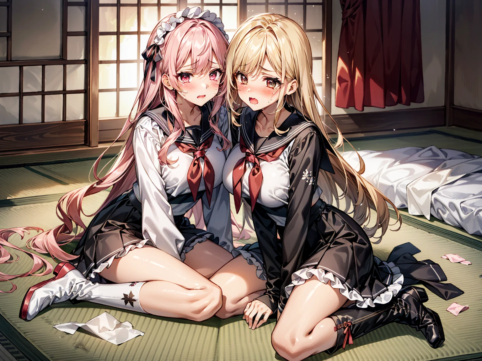 sunset　Orange Room,　Full-body depiction on screen,　Two Girls,　A large amount of rolled up tissue paper,　 Wrinkled, Dirty tissue on the ground,　Tears dripping from the edges of the mouth,　Sitting on a dirty bed,　Dirty futon with brown stains　Dirty old tatami mat ,Tatami room,　Plenty of tissue paper ,　Garbage is scattered everywhere,　very dirty bed, 　 A room full of messy garbage,,　　Embarrassing,　　Very large breasts　Extremely enlarged breasts　Dimly lit room　On the tatami　Scattered tissue paper　A cute long-sleeved sailor suit with lots of frills sewn on　Long ruffled skirt　high school student　Illustration Style　Anime Style　Narrow-mouthed　Small lips　beautiful girl　Very cute clothes　Cheeks pink　Long blonde hair　super curly hair　Super long sideburns　Rubber clothing　Gothic white lolita outfit　hair band　very long, 　Pearl white silk tights　　Lots of frilly ribbons　Extra long silk gloves　Detailed embroidery　Big eyes　Glaring　Hanging eyes　Sharp Eye　Small trends　Stern expression　Shocking Pink Rouge　　Crushed tissue paper　White long boots　　　Steam coming out of the whole body　Steam fills the screen.　White breath from the mouth　The whole body is covered in oil　The whole body is covered in oil　