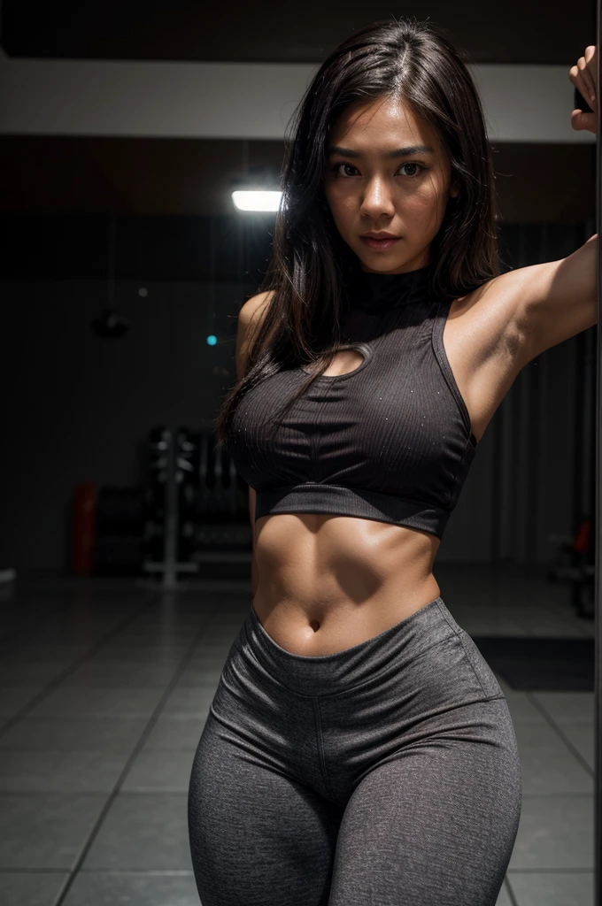 [[((young attractive Singaporean woman with strong Chinese Asian influence, a brown tanned complexion, long straight dark black hair, striking almond-shaped dark brown eyes, and a  frame:1.6)), ((Sophie Tan:1.5)), posing confidently in a sleek home gym setup after an intense workout, wearing ((a see-through grey crop top and black high-waisted leggings:1.4)). Her gym outfit is sleek and form-fitting, revealing creases in all the right places. She is visibly sweaty, showcasing her womanly physique, especially focusing on her perfectly toned buttocks. The background features high-end gym equipment and minimalist decor. The scene is captured with a ((full-frame DSLR:1.4)) using a ((50mm prime lens:1.4)) to keep Sophie in sharp focus while the background is slightly blurred. Professional studio lighting enhances her natural features, sweat effects, and adds a ((soft bokeh effect:1.3)) to the background. The image should be in ((8K resolution:1.5)) with ((hyper-realistic detail:1.6)). The focus is entirely on Sophie's athletic yet feminine form, her stylish gym attire, and her confident post-workout pose, capturing her essence perfectly for an Instagram photo.]]

